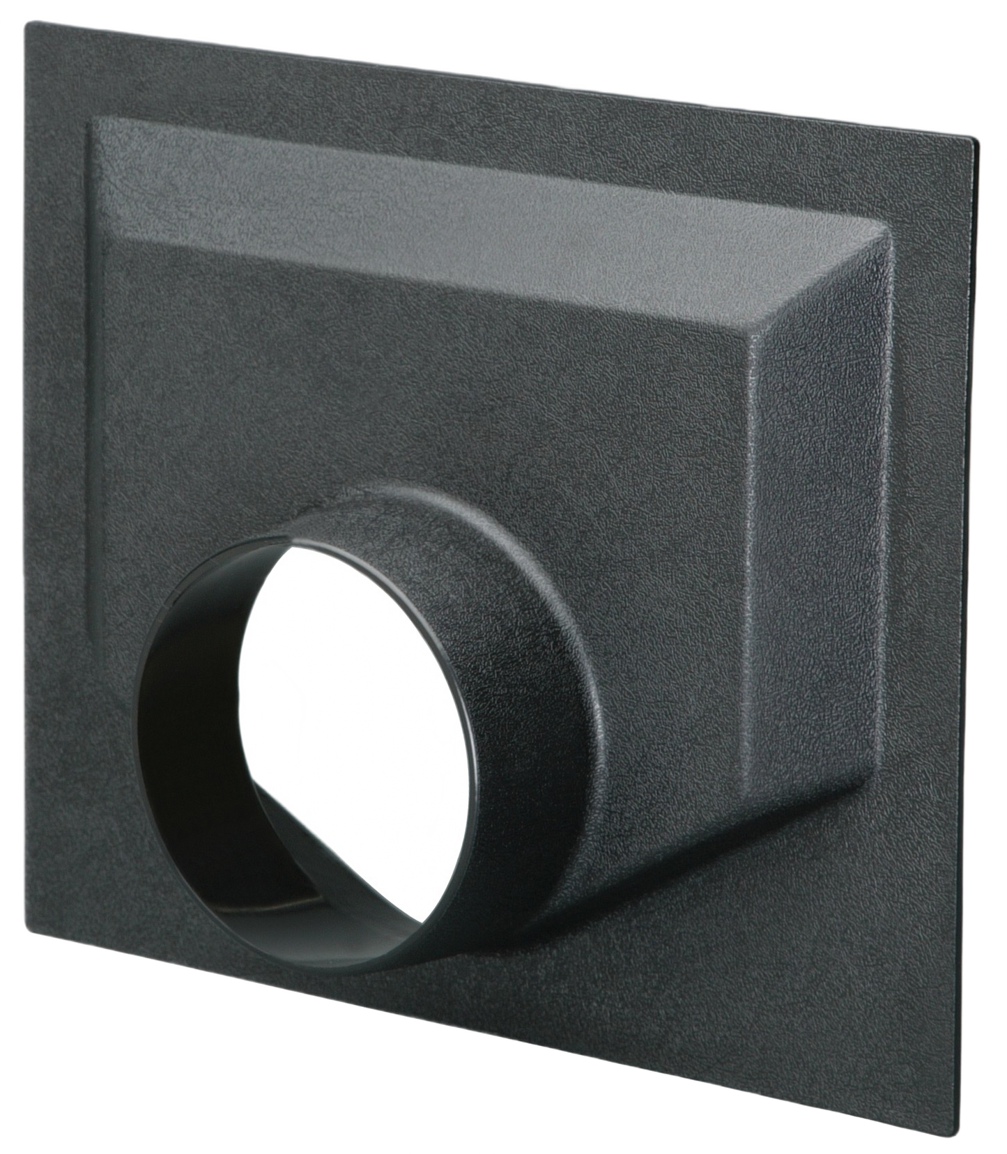 Large black universal vent hood with square flange and circular duct opening for home improvement projects