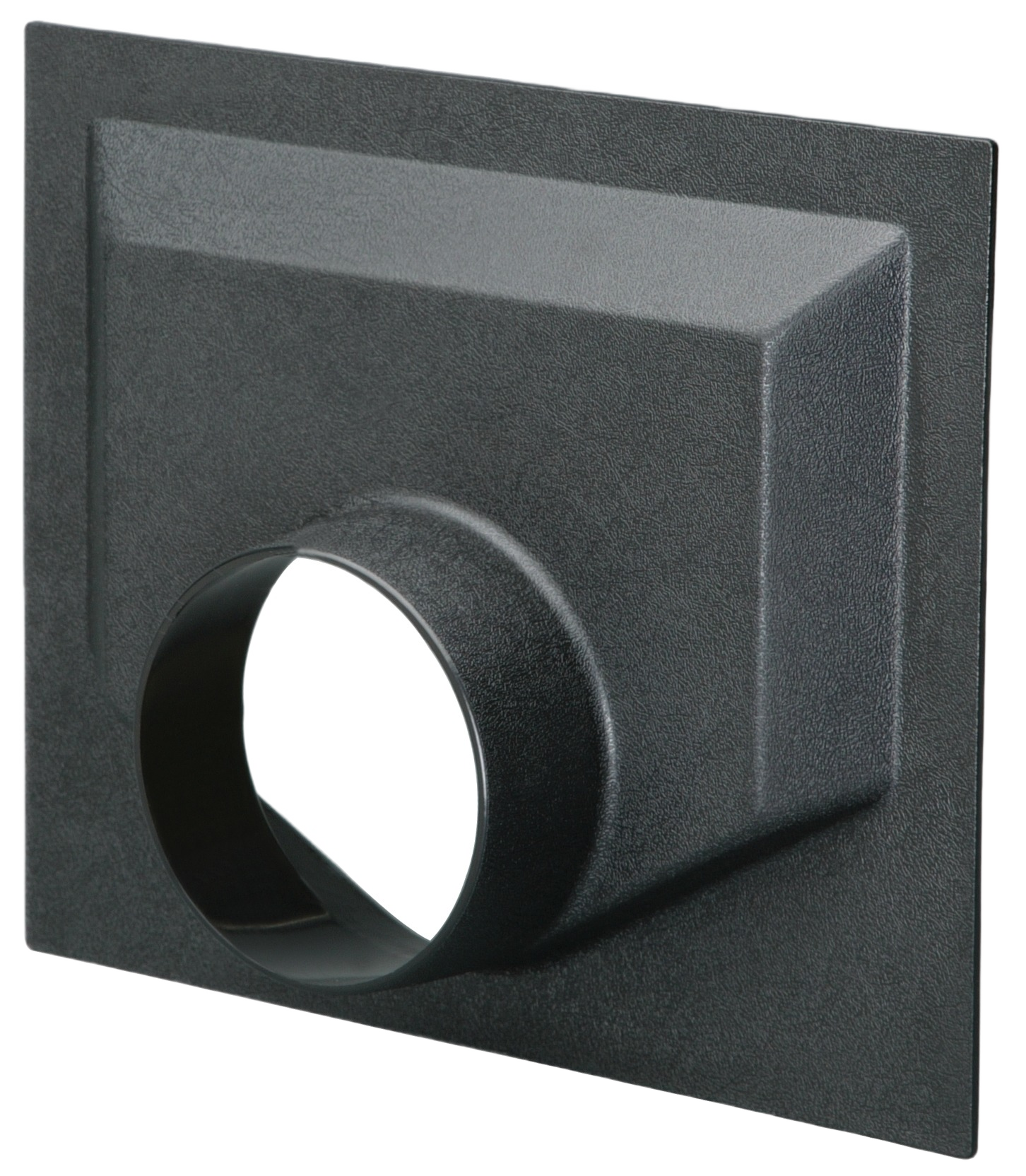 Large black universal vent hood with square flange and circular duct opening for home improvement projects