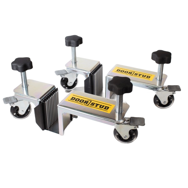 Set of steel door handling tools with adjustable clamps and locking caster wheels for lumber and building materials collection