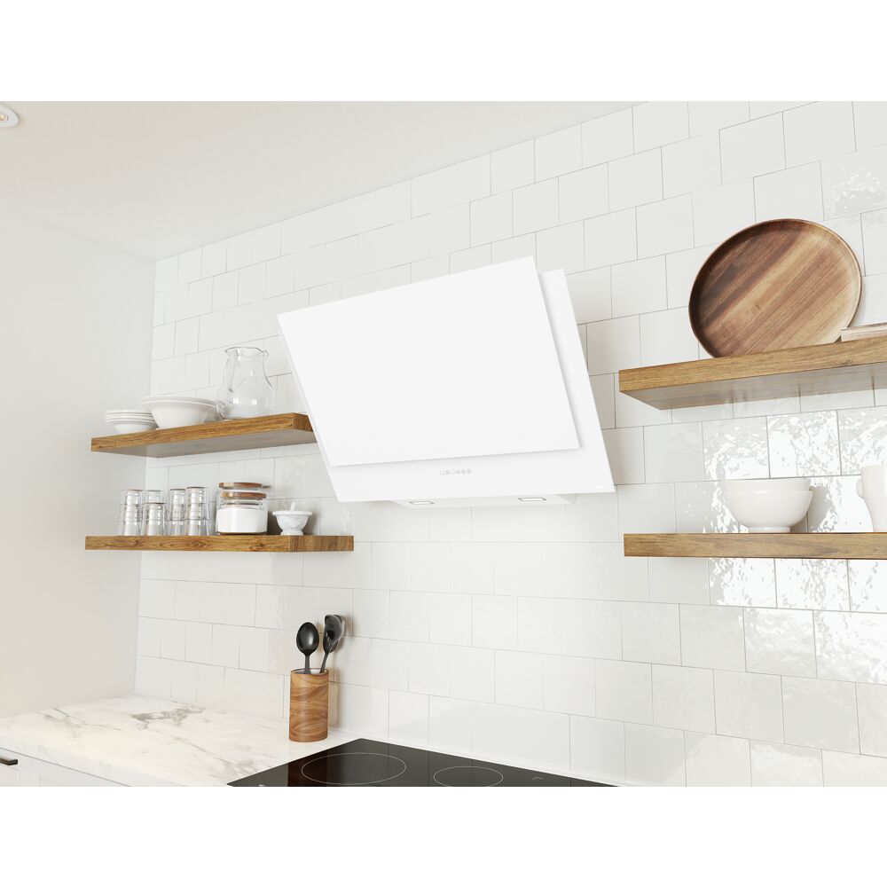 White angled wall mount range hood with tri-level LED lights and capacitive touch controls in modern kitchen setting