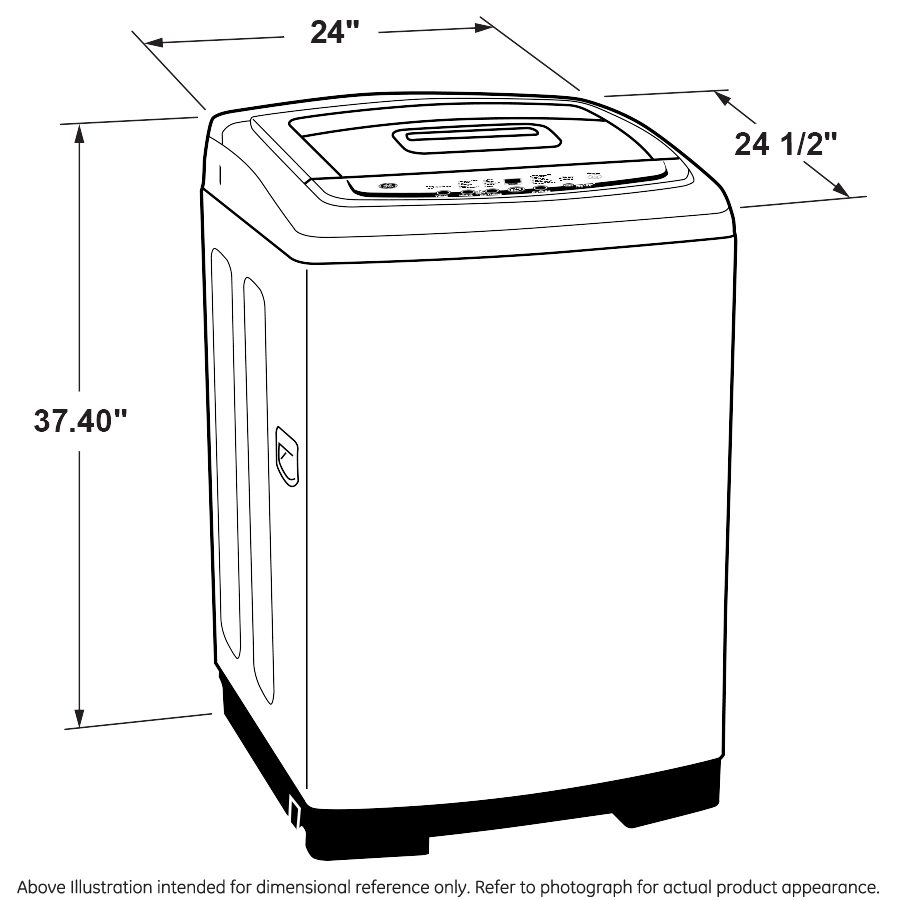 Line drawing of a compact top load washer with control panel and dimensional measurements for home appliance setup.