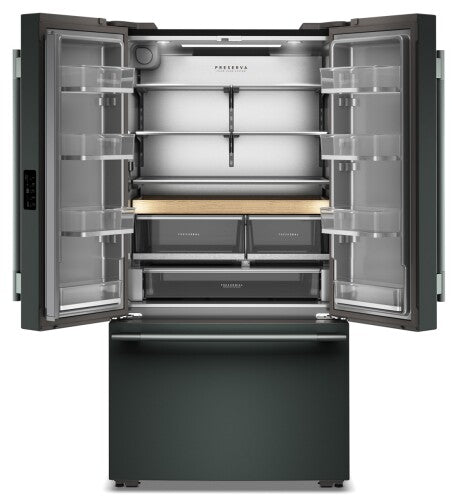 Counter-depth French door refrigerator in dark finish with spacious interior and bottom freezer drawer from KitchenAid Appliances collection