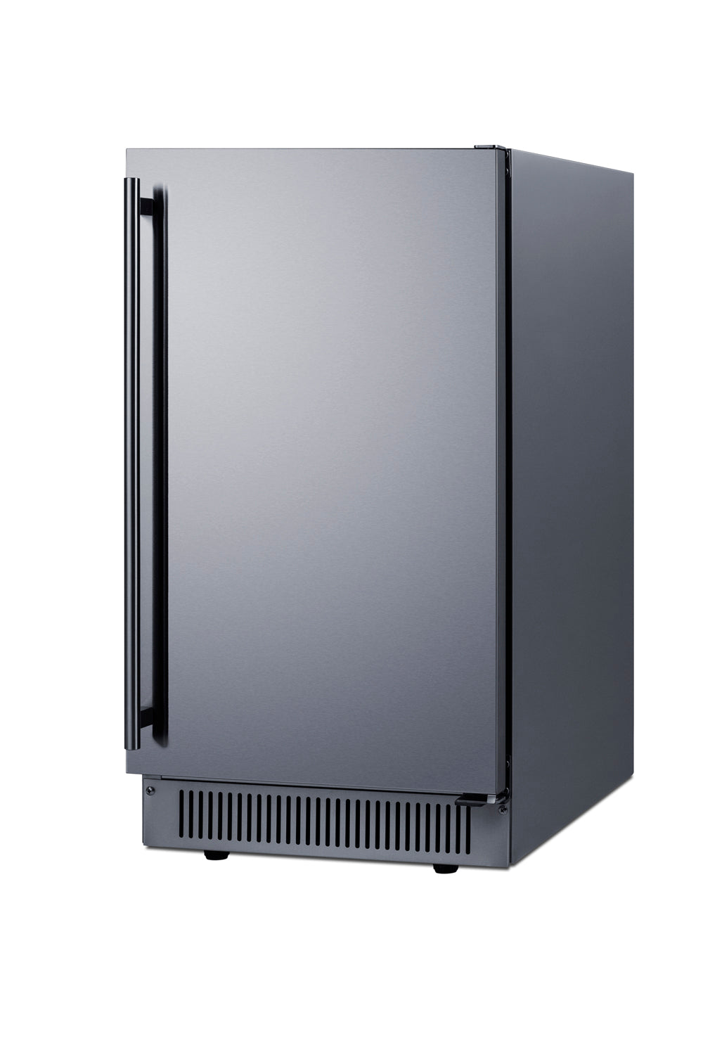 Compact 18-inch wide built-in clear ice maker with black handle, front ventilation for kitchen and appliance collections