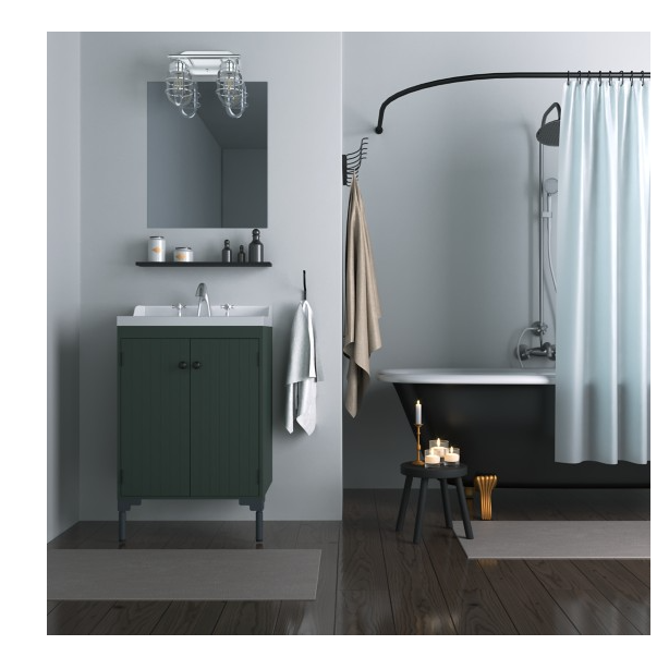Chrome two-light vanity fixture with caged glass shades above a green bathroom cabinet in wall lighting collections
