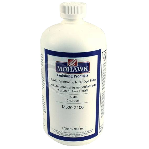 Quart bottle of Mohawk Ultra Penetrating NGR Dye Stain in Thistle for interior wood finishing and home improvement projects