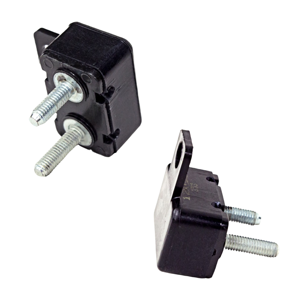 Pair of black 25 amp circuit breakers with metal screws, compatible with John Deere parts and home improvement tools collections