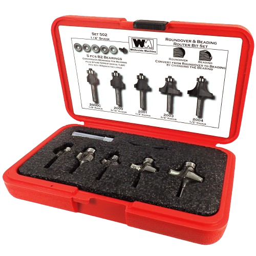 Set of five carbide-tipped roundover and beading router bits in red case for power tool accessories and home improvement