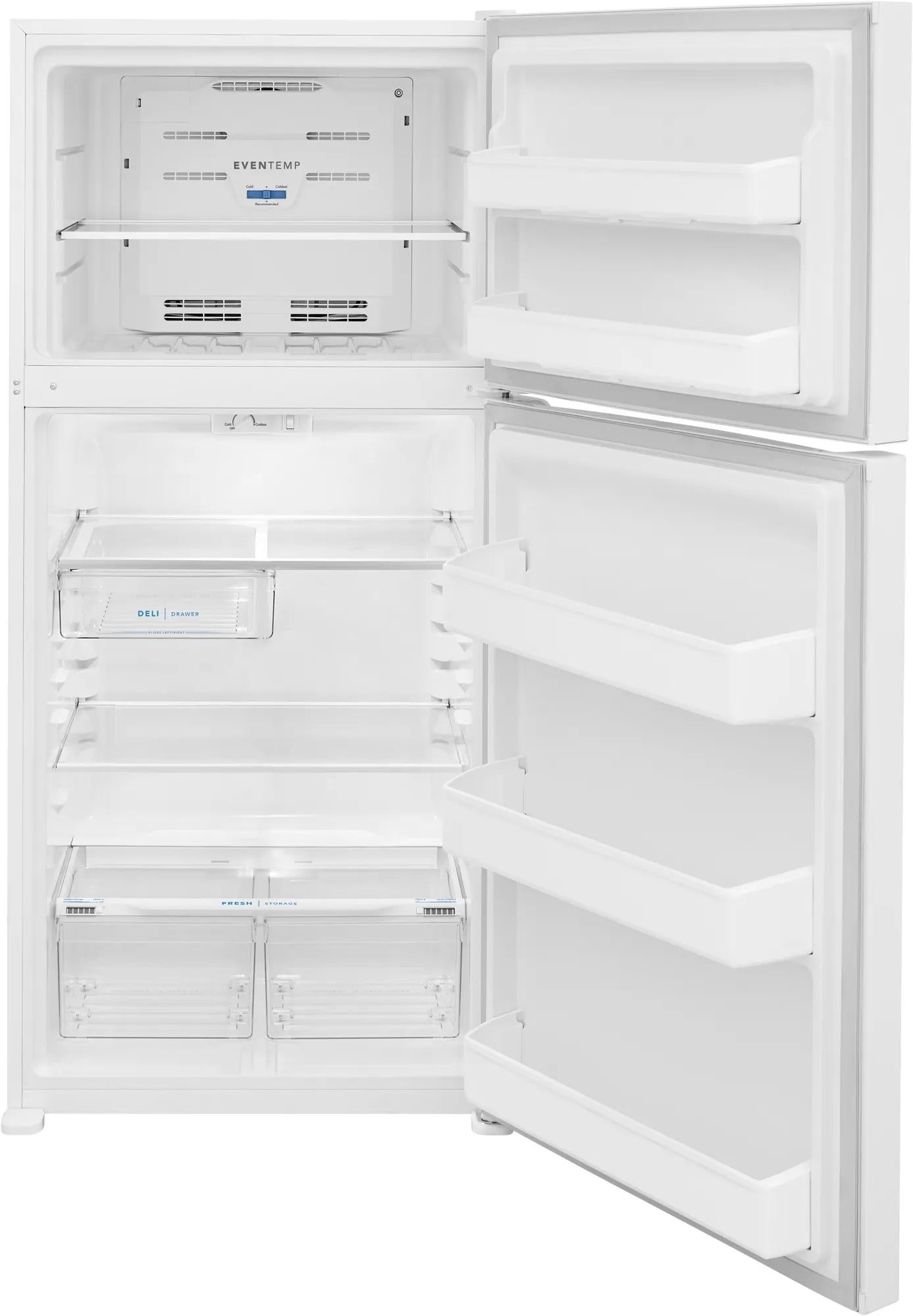 White top freezer refrigerator with wire and glass shelves, deli drawer, and adjustable door bins for appliance collections