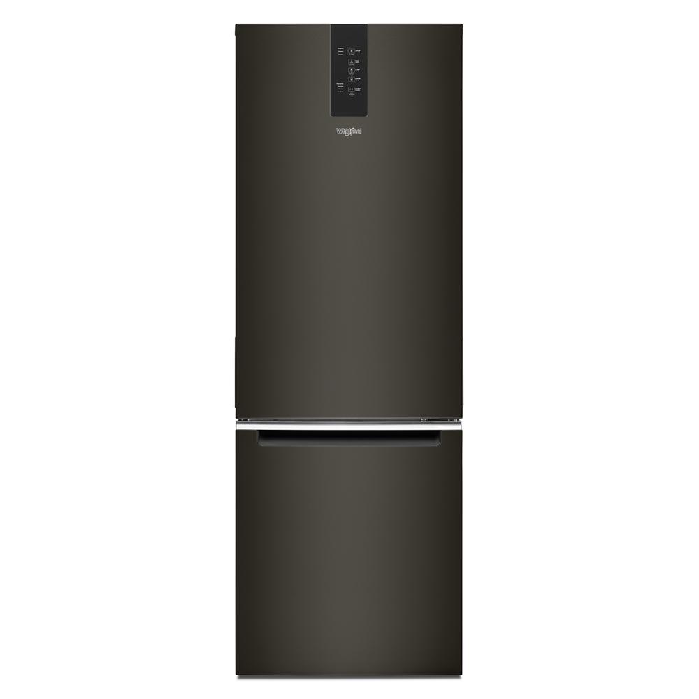 Sleek black bottom-freezer refrigerator with digital display, designed for kitchens and appliance collections