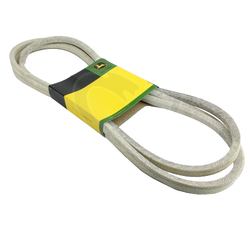 Drive belt with reinforced fabric outer layer and branded yellow-green packaging for mower deck replacement tasks