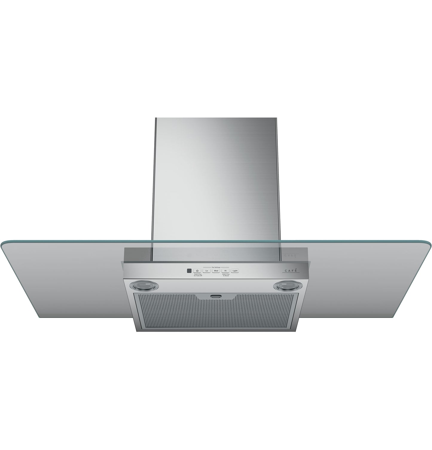 Stainless steel wall-mounted chimney hood with glass canopy and electronic control panel in kitchen appliances collection