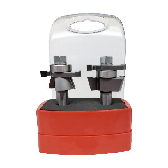 Set of two 15-degree undersized panel shaker stile and rail bits in red and black case for power tool accessories and home improvement collections