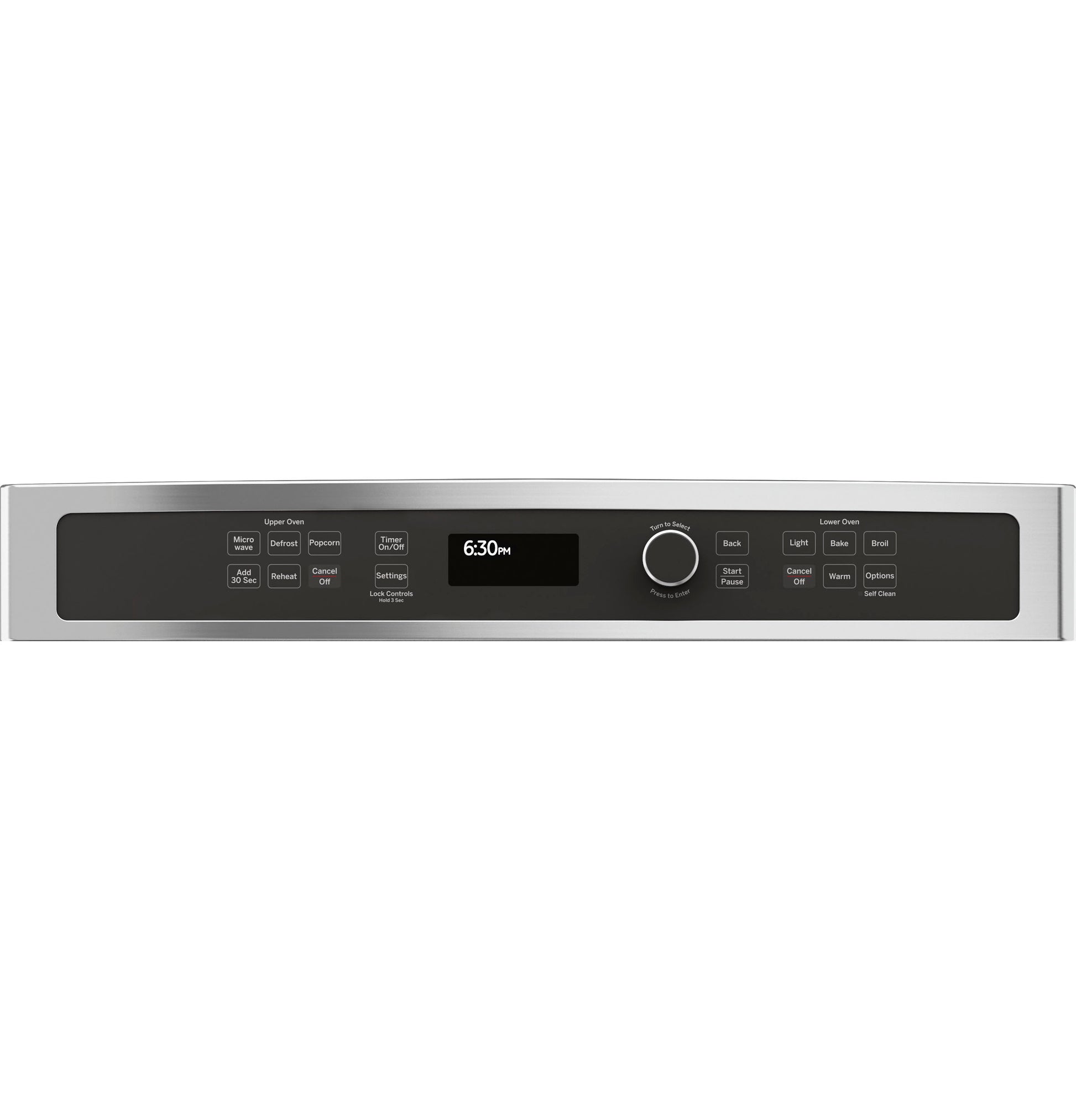 Control panel with digital clock, buttons, and a central dial on a stainless steel built-in microwave combo oven