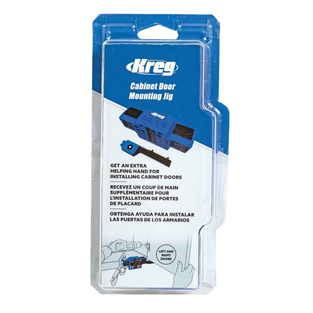 Blue and black cabinet door mounting jig in blister pack for precise door installation in woodworking tool accessories