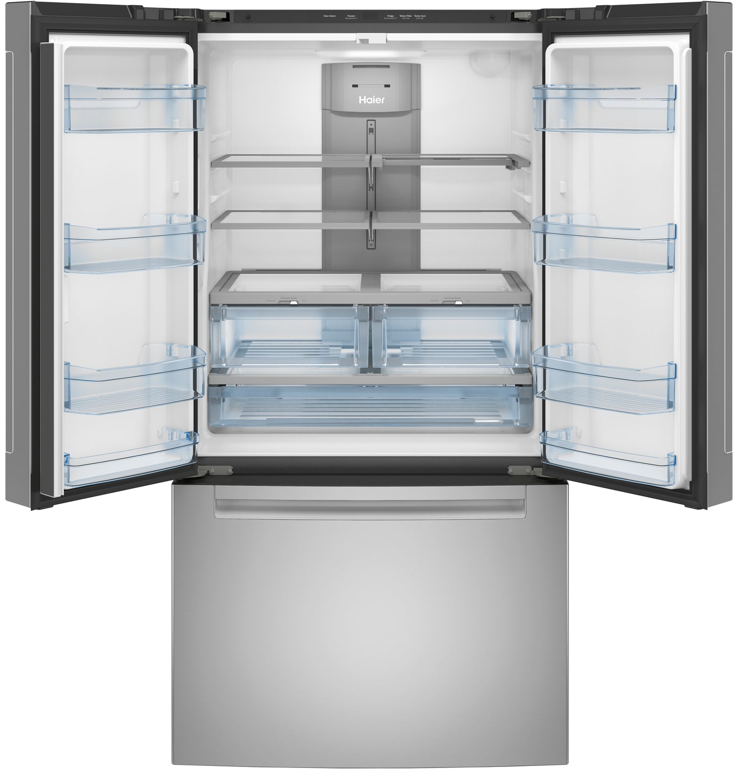 Open fingerprint resistant French-door refrigerator with spacious adjustable shelves and clear crispers from kitchen appliances collection