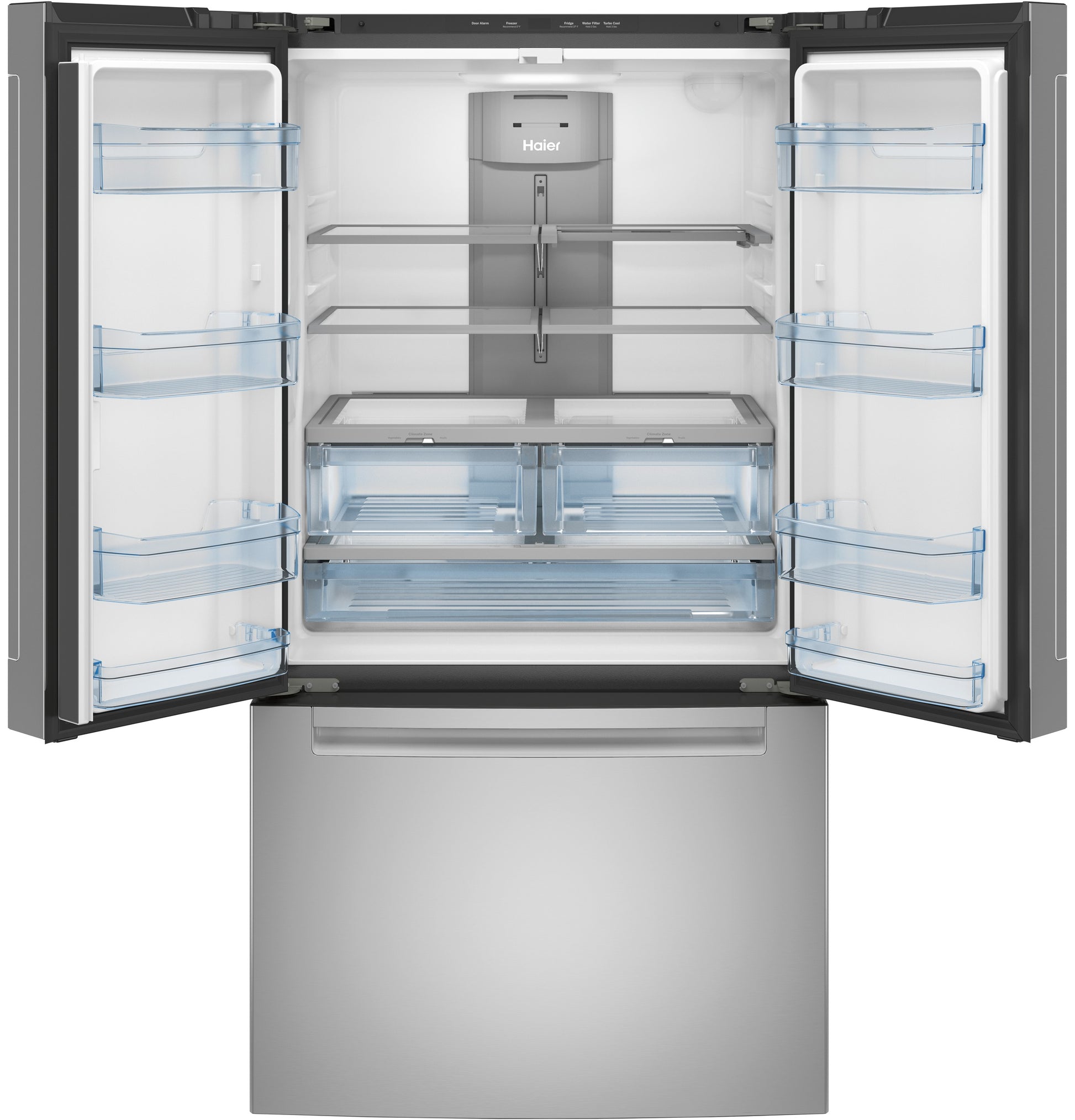 Open fingerprint resistant French-door refrigerator with spacious adjustable shelves and clear crispers from kitchen appliances collection