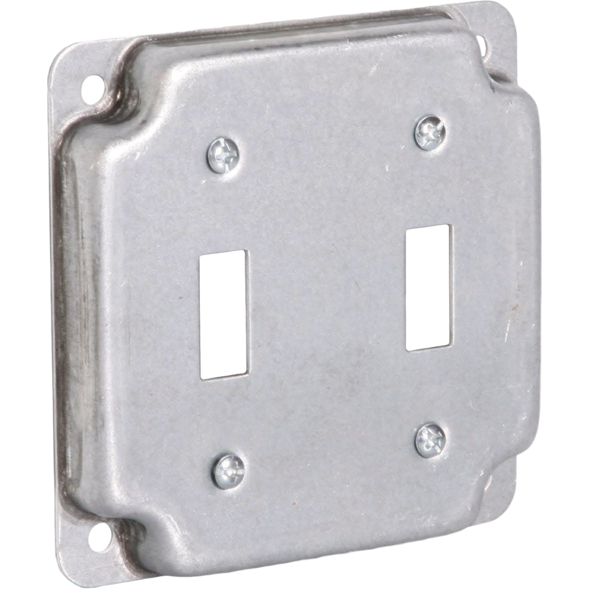 Galvanized steel 2-toggle switch cover plate with mounting holes for electrical home improvement projects