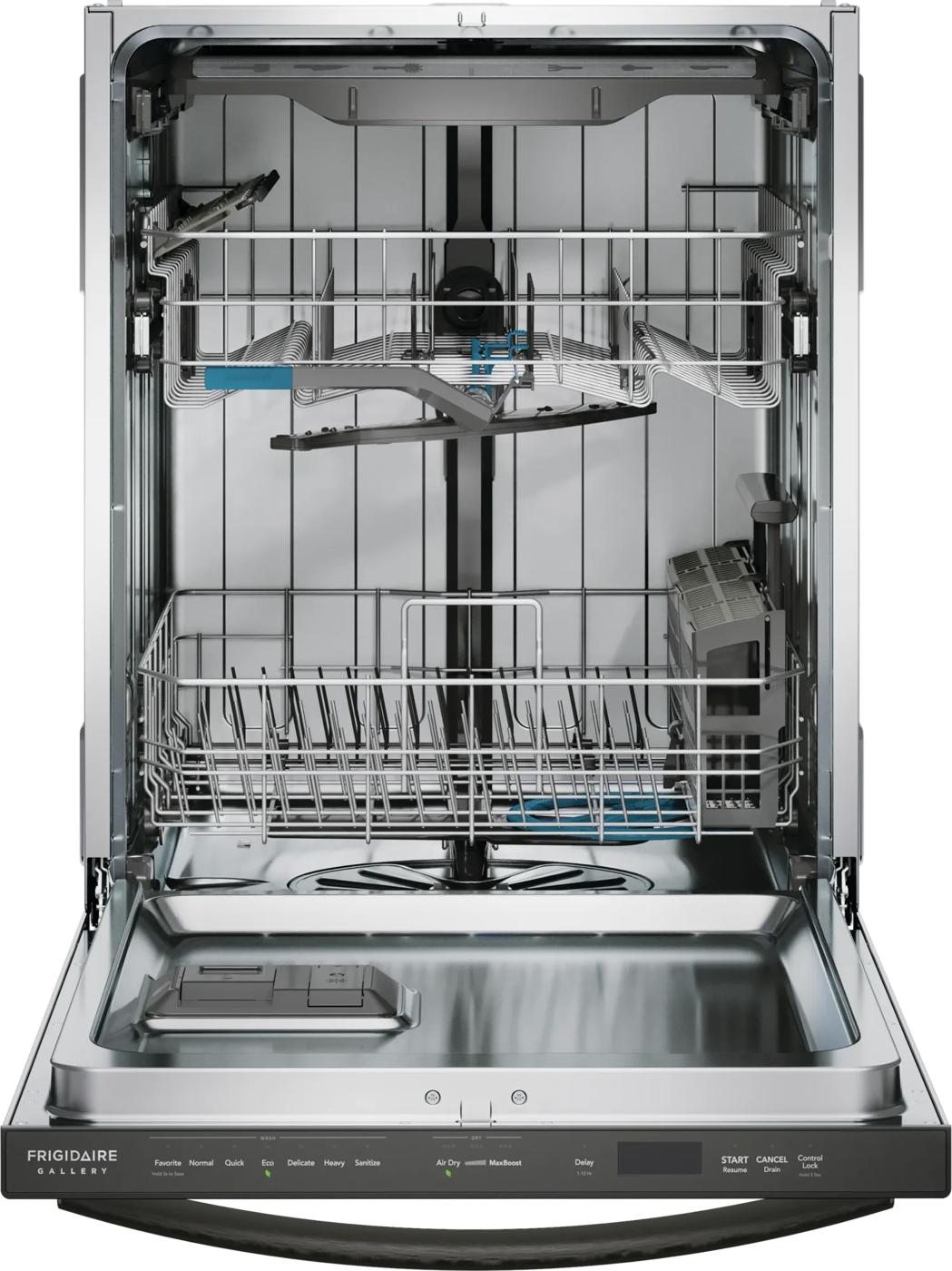 Open stainless steel tub dishwasher interior with adjustable racks and utensil basket in Kitchen & Kitchenware collection