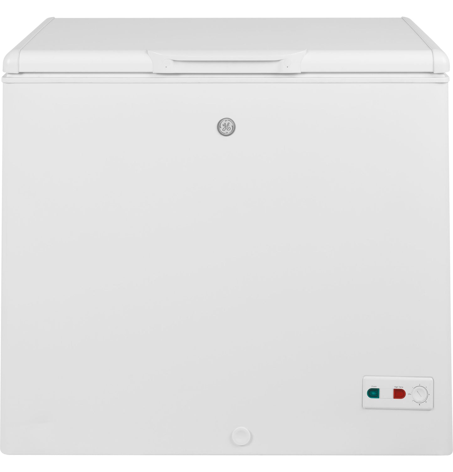 Front view of a white manual defrost chest freezer with simple control panel and brand logo on door panel