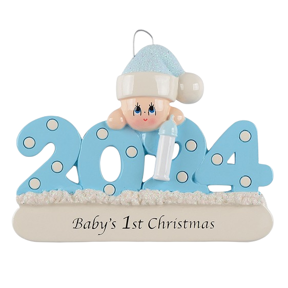 Blue 2024 baby's first Christmas ornament with baby figure in hat holding bottle for holiday décor collection