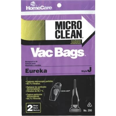 Purple and white vacuum bag packaging for Eureka Style J with micro-clean filtration and home improvement use, pack of two bags