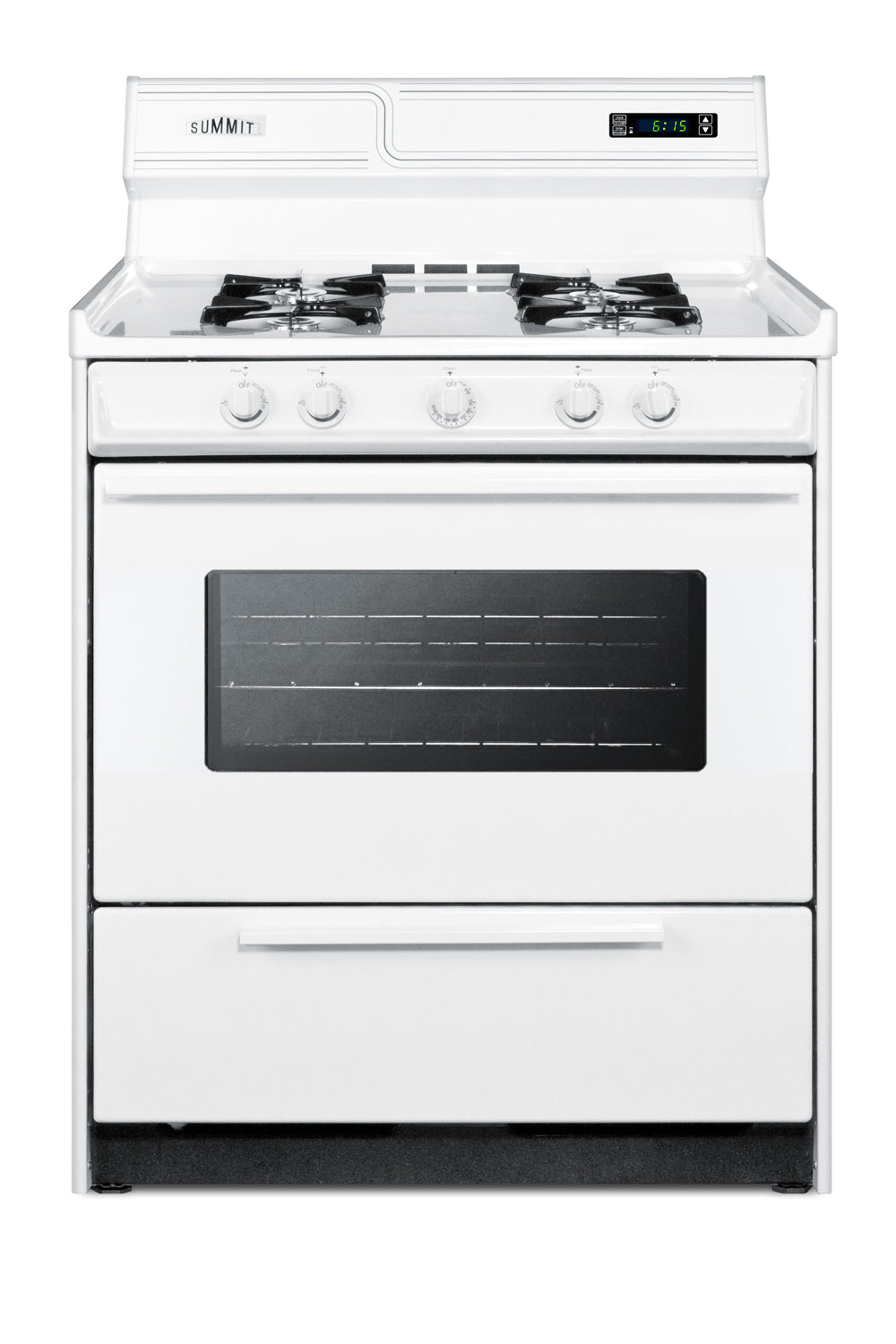 White 30-inch gas range with four burners, digital clock, oven window, and control knobs for cooking and baking tasks