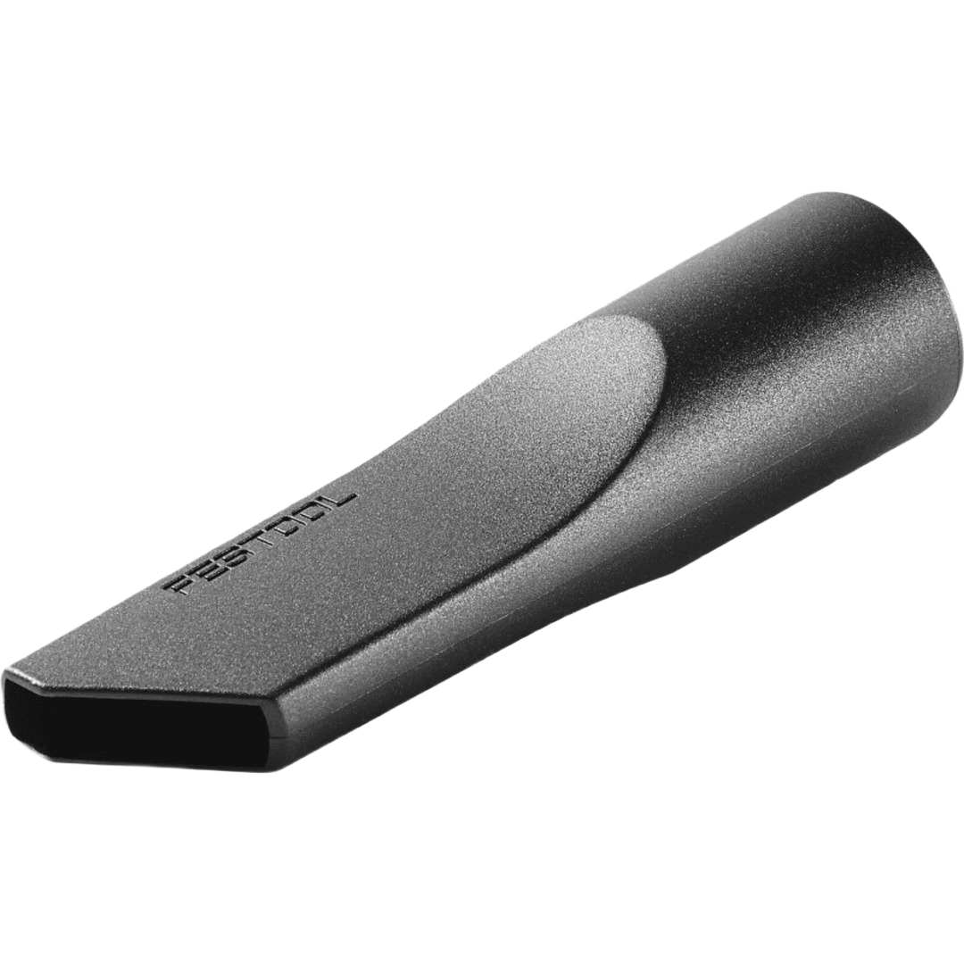 Black crevice nozzle attachment for dust extractors and shop vacuums, ideal for woodworking tools and dust management.