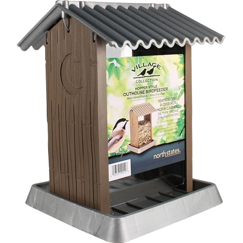 Brown and gray hopper style bird feeder designed to resemble an outhouse with 4.25 lb capacity for outdoor use