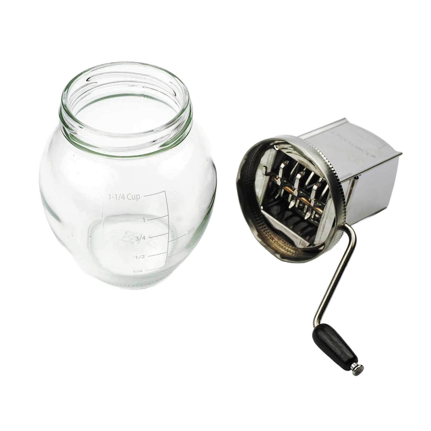 Vintage-style clear glass nut grinder with stainless steel crank and measurement markings for kitchen gadgets under $50