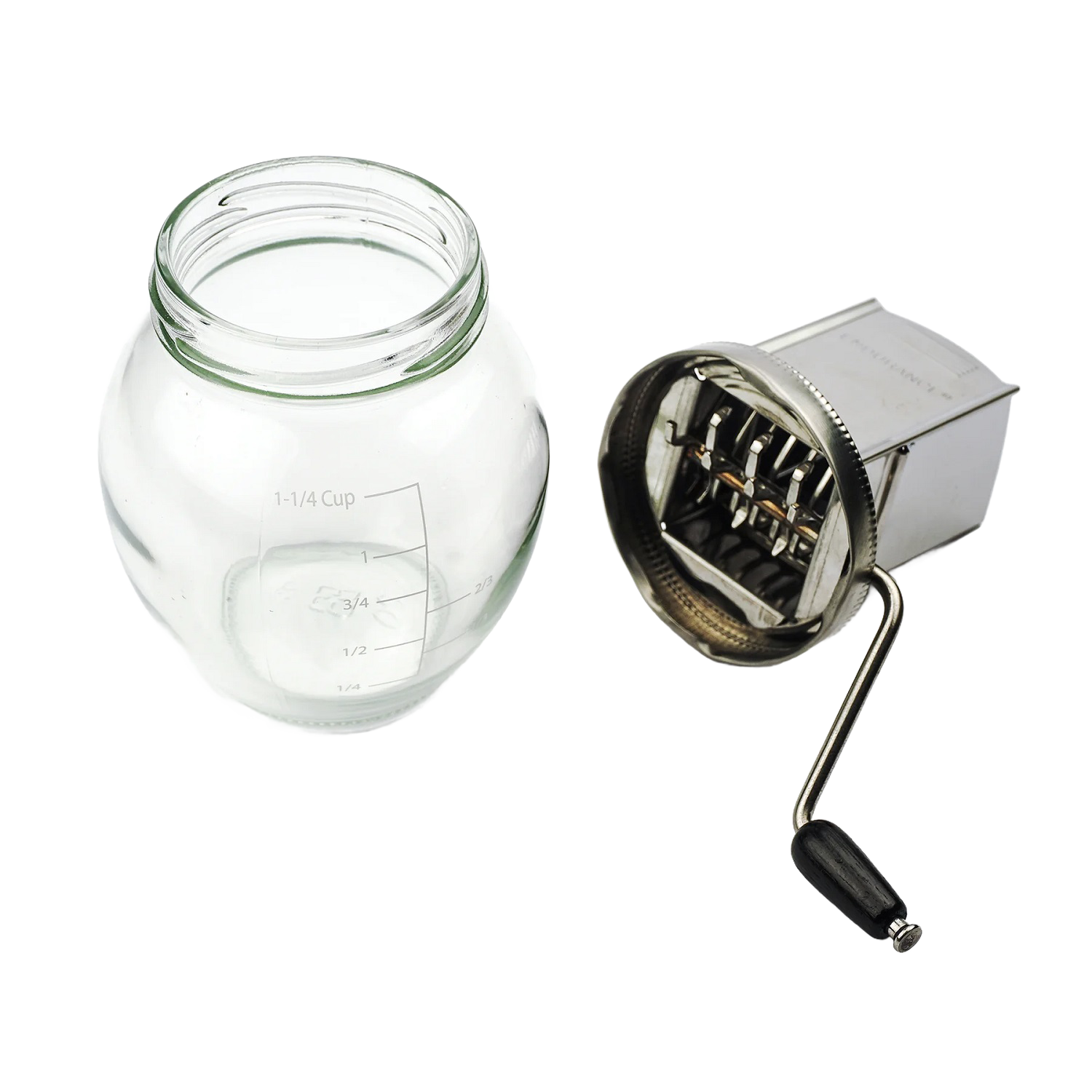 Vintage-style clear glass nut grinder with stainless steel crank and measurement markings for kitchen gadgets under $50