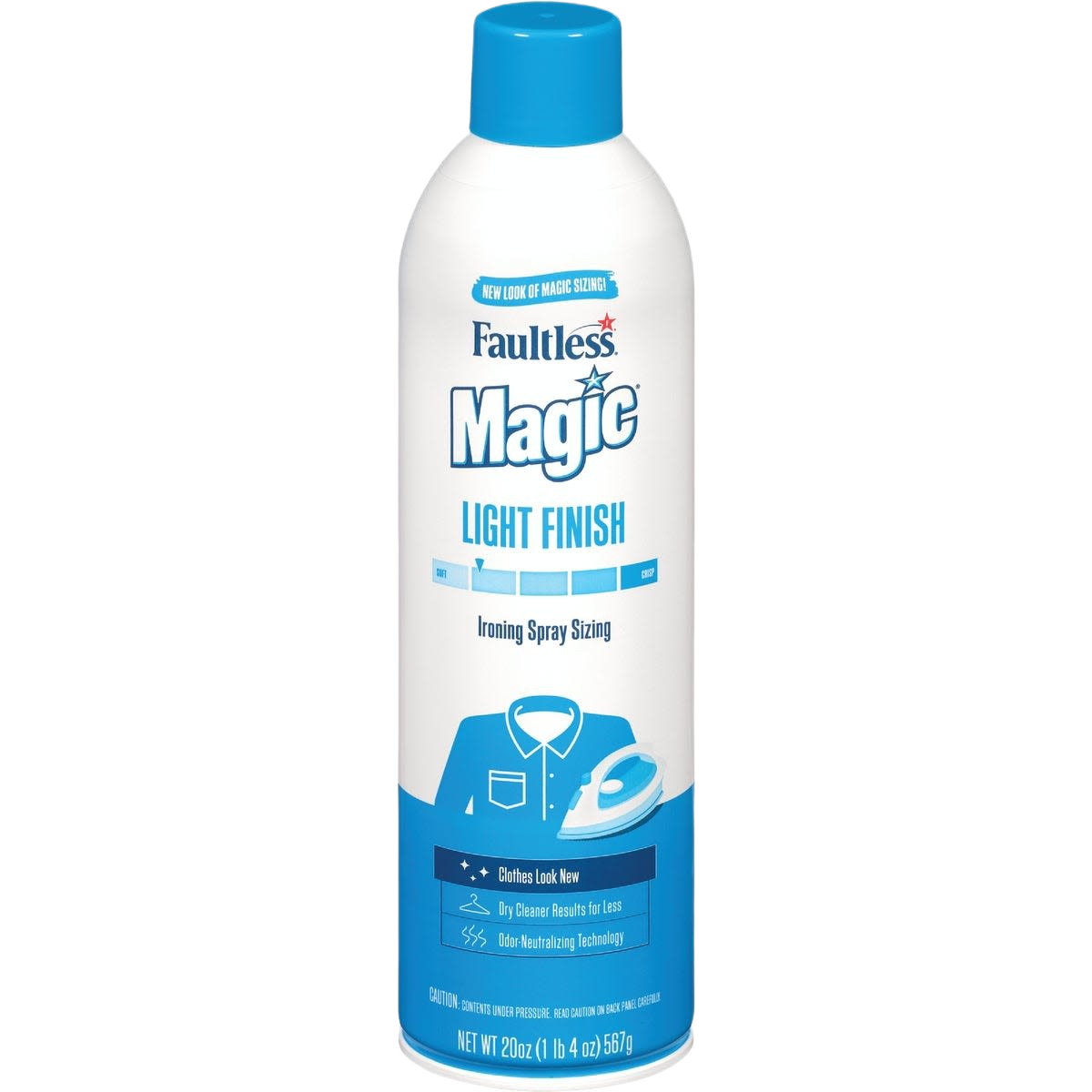 White and blue aerosol can of Faultless Magic Light Finish fabric sizing spray for ironing and fabric care
