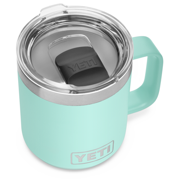 Light turquoise stackable insulated mug with clear Magslider lid and sturdy handle from durable drinkware and kitchen collections
