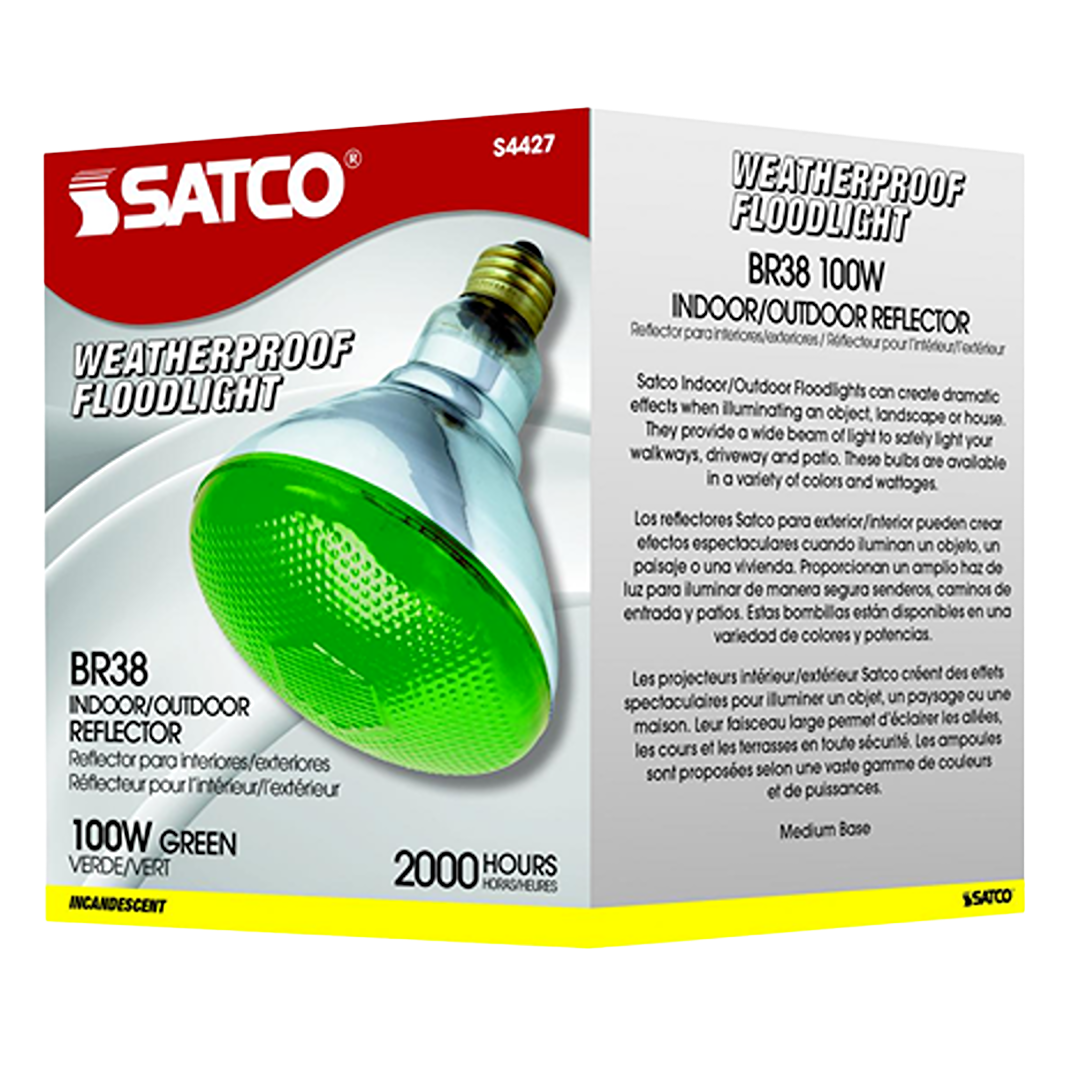 Weatherproof green incandescent floodlight bulb with medium base for indoor and outdoor lighting and home improvement