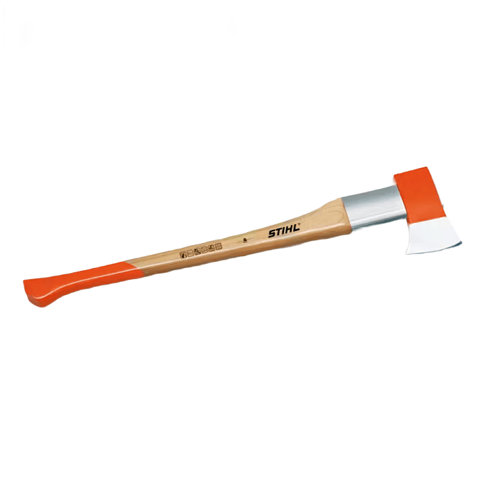 Splitting axe with wooden handle and orange head designed for heavy-duty home improvement and outdoor tasks