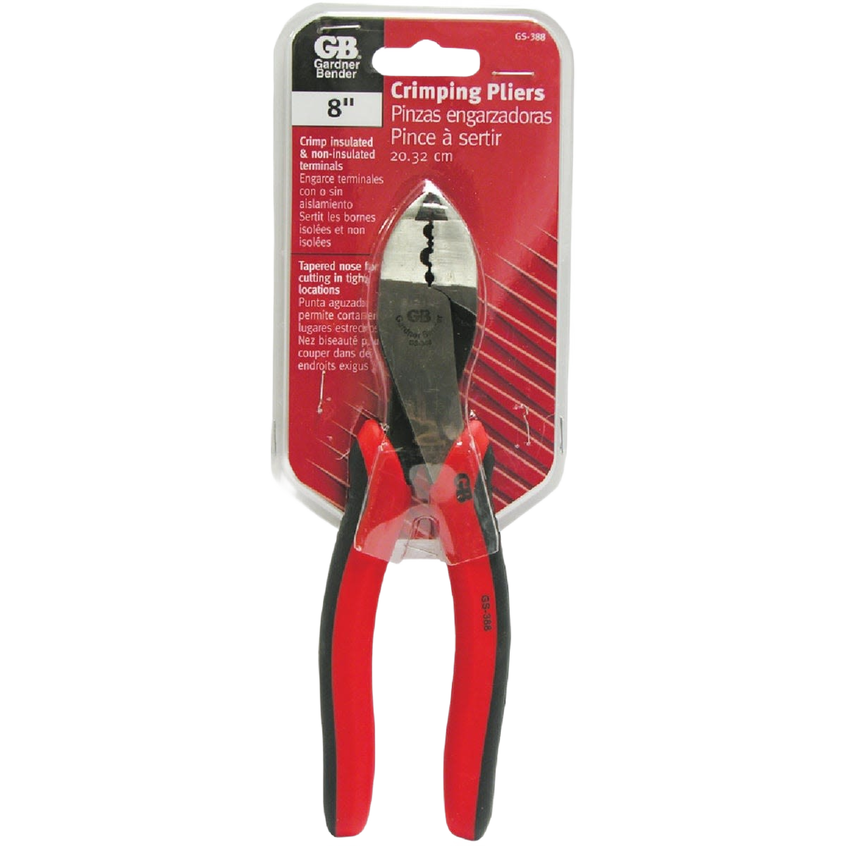 8-inch crimping tool pliers with red handles designed for cutting and crimping insulated and non-insulated terminals