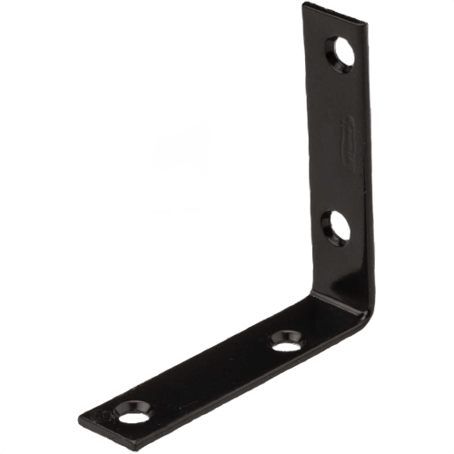 Black metal corner brace with countersunk screw holes for reinforcing right angle joints in building hardware collection