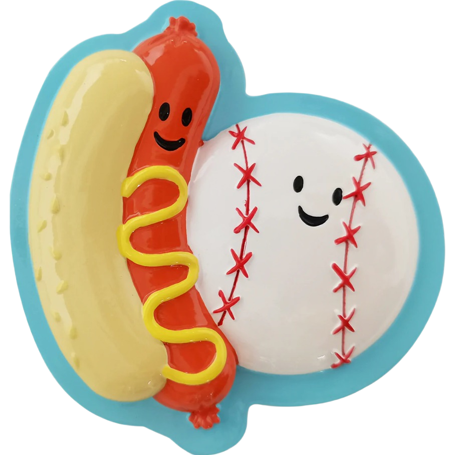 Smiling hot dog with mustard and baseball character on blue background for Christmas Ornaments & Tree Decorations under $50 collection