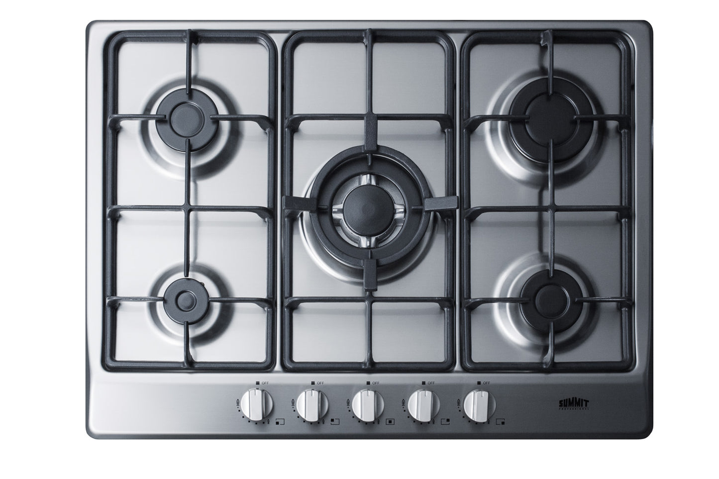 Stainless steel 27-inch gas cooktop with five burners and control knobs for kitchen and home improvement appliances.