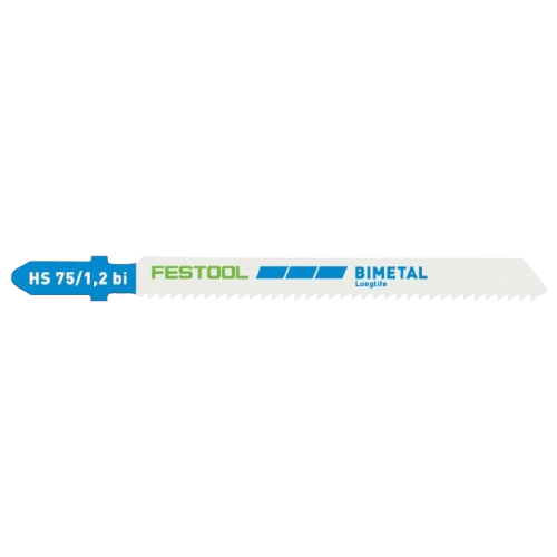 Blue and white Festool bimetal jigsaw blade with long-life teeth for steel and stainless steel cutting tasks