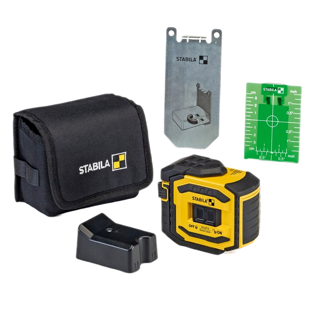 Compact yellow and black laser level tool set with carrying case and mounting accessories for precise home improvement tasks