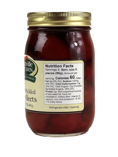 Glass jar of sweet pickled baby beets with gold lid, part of Hartville Kitchen preserved goods in Fruits & Vegetables collection