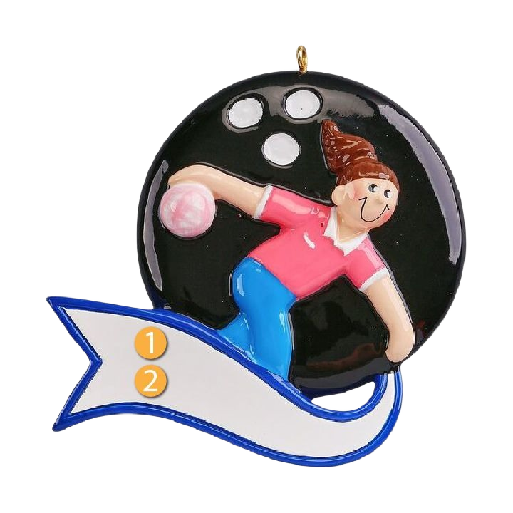 Personalized Christmas ornament featuring a girl bowling with a black ball and space for custom text under $50 collection