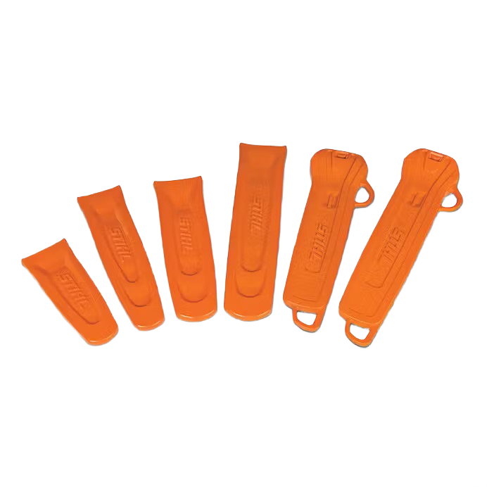 Set of six orange STIHL chainsaw bar scabbards in various sizes for tool protection in Parts & Lubricants collection