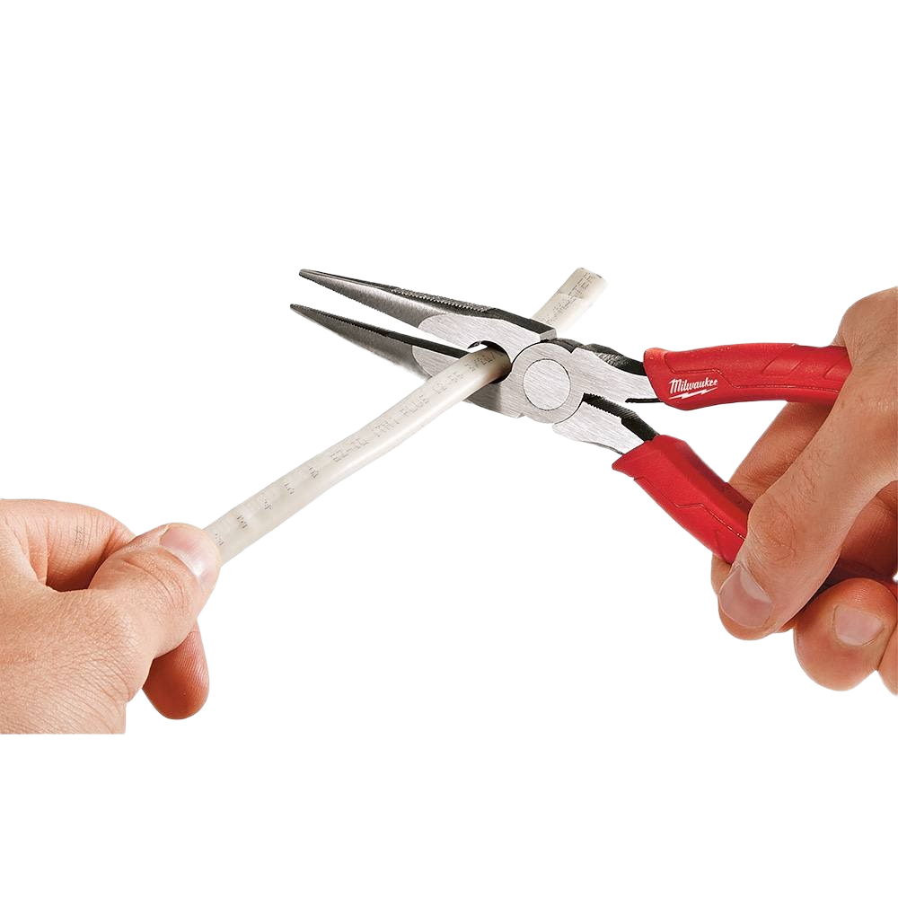 Red-handled long nose pliers gripping a white plastic ruler for precise tasks in tools and home improvement