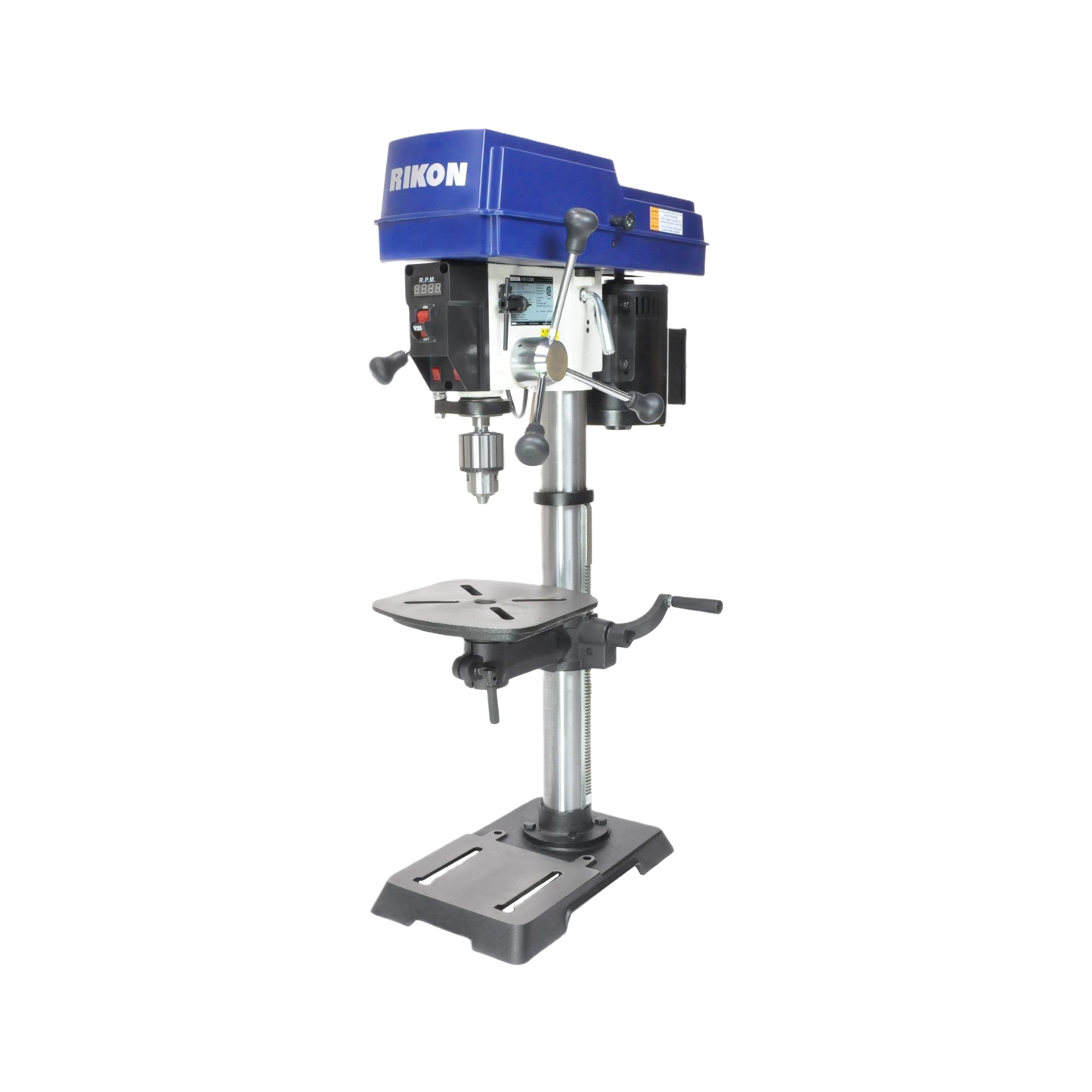 Floor-standing benchtop drill press with adjustable metal table for precise drilling in home improvement tasks