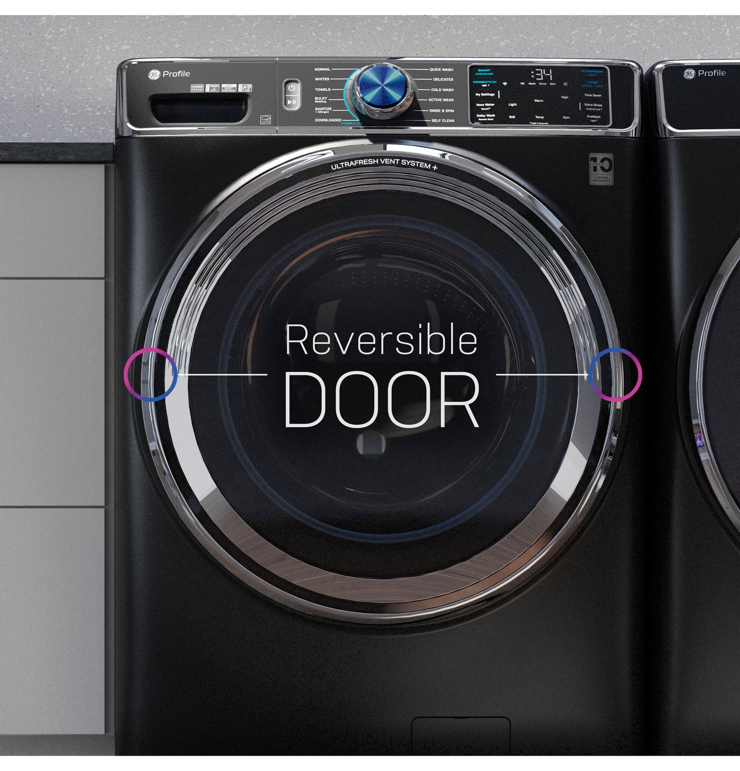 Front view of sleek black smart gas dryer with reversible door feature in modern laundry appliances setting