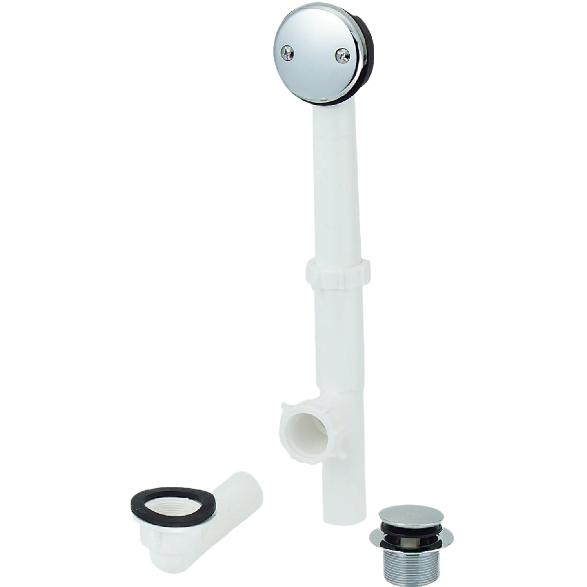 Plastic bath drain assembly with polished chrome trim designed for bathroom plumbing and home improvement projects