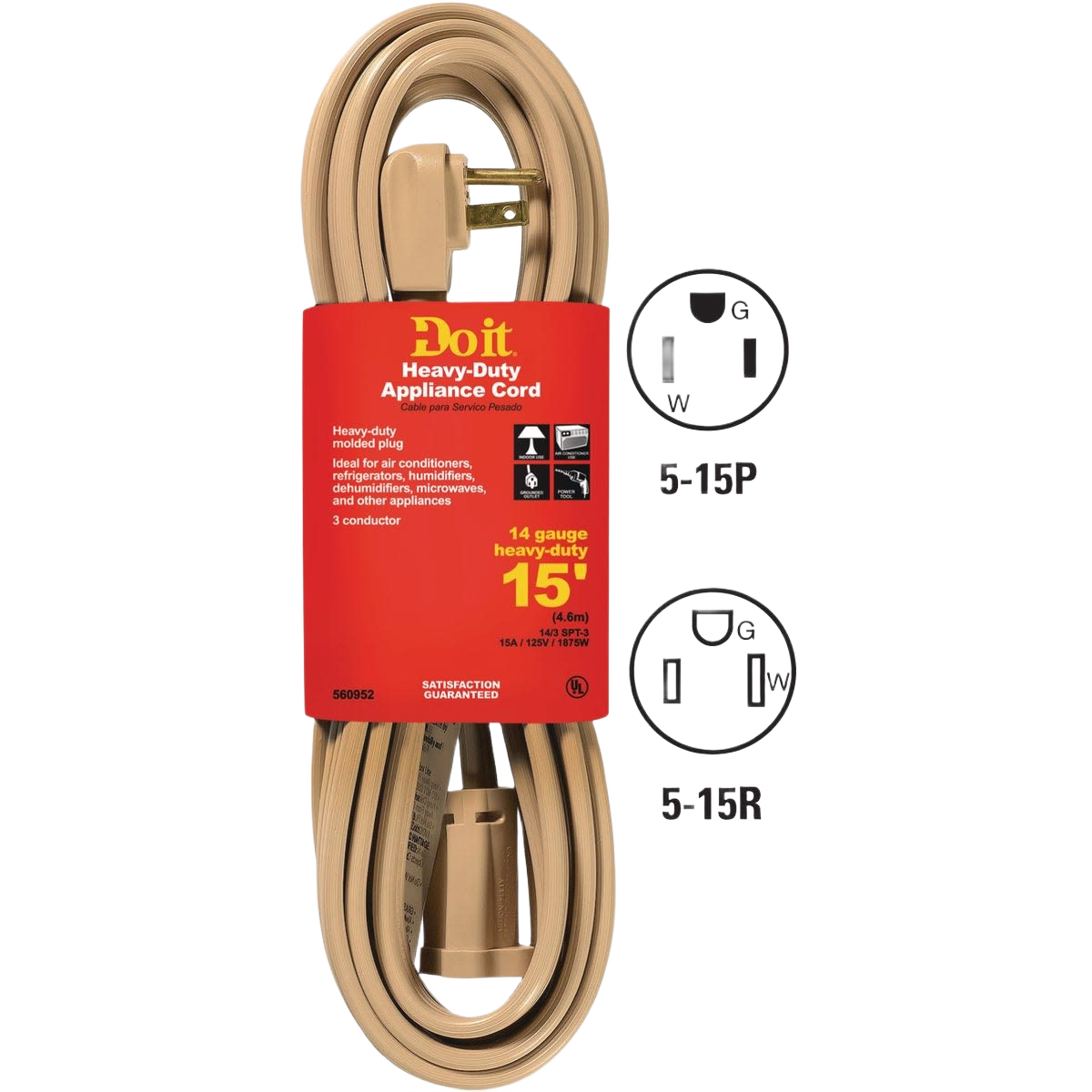 Beige heavy-duty 14-gauge 3-conductor appliance cord, 15 ft, ideal for electrical and appliance parts under $50