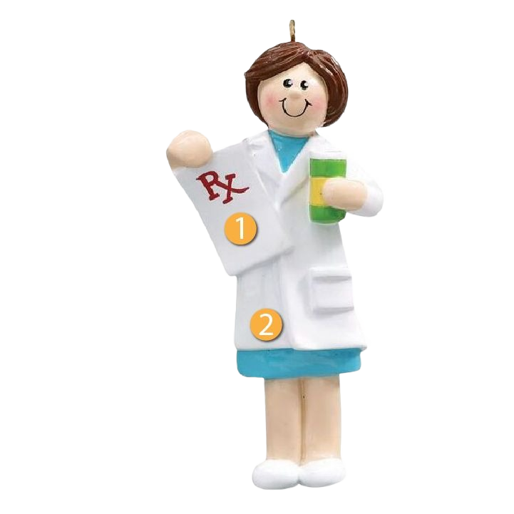 Female pharmacist figurine holding prescription and medicine bottle in Christmas Ornaments & Tree Decorations collection