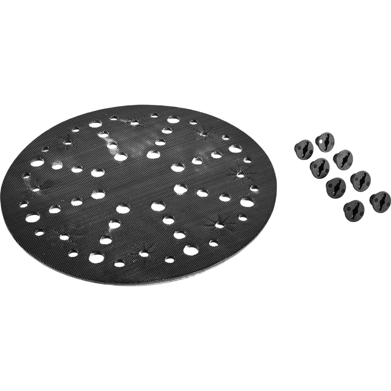 Round black backing pad for interface sanding with multiple drill holes and small black plastic fasteners for tools and home improvement.